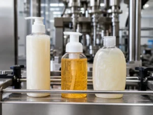 Three liquid soap bottles with pump and flip-top caps on a stainless steel filling line conveyor