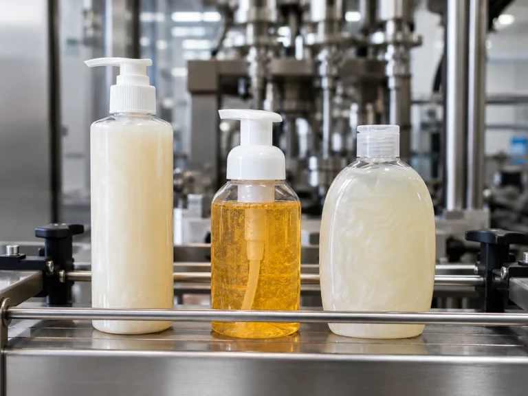 Three liquid soap bottles with pump and flip-top caps on a stainless steel filling line conveyor