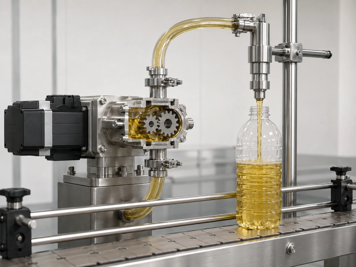 Servo Gear Pump Edible Oil Filling System Servo gear pump edible oil filling system controlling oil flow into PET bottles