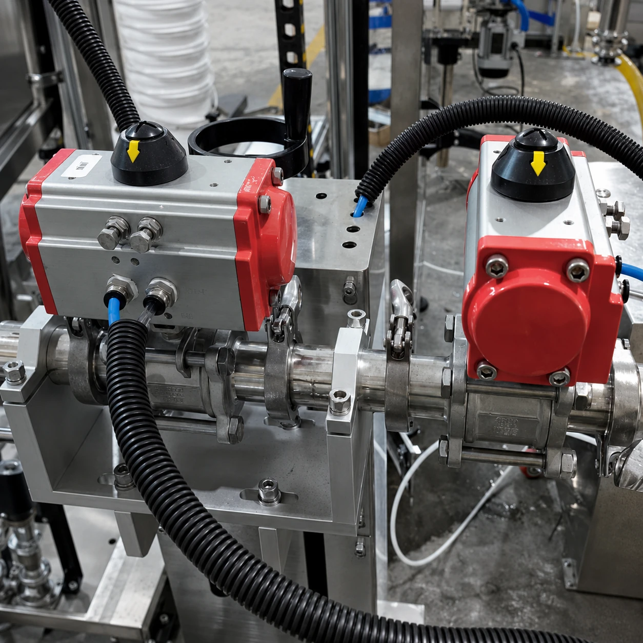 Pneumatic valve actuators on a weighing filling line