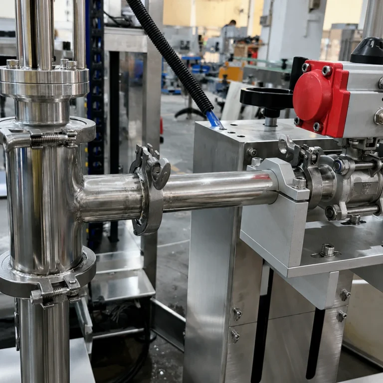 Pipe and valve detail for a weighing filling production line