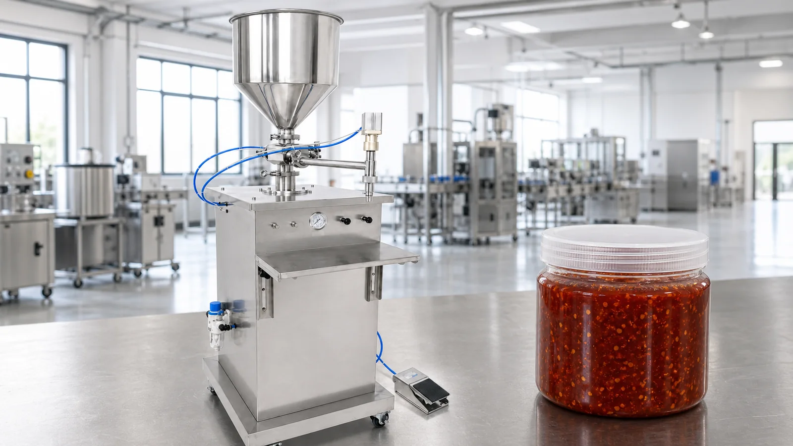 Illustrative particulate chili sauce filling setup with large product path