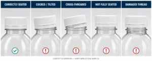 Correctly seated, tilted, cross-threaded, not fully seated and damaged bottle caps