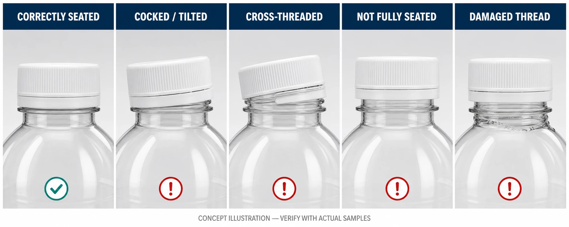 Concept comparison of correctly seated, tilted, cross-threaded, not fully seated and damaged bottle caps