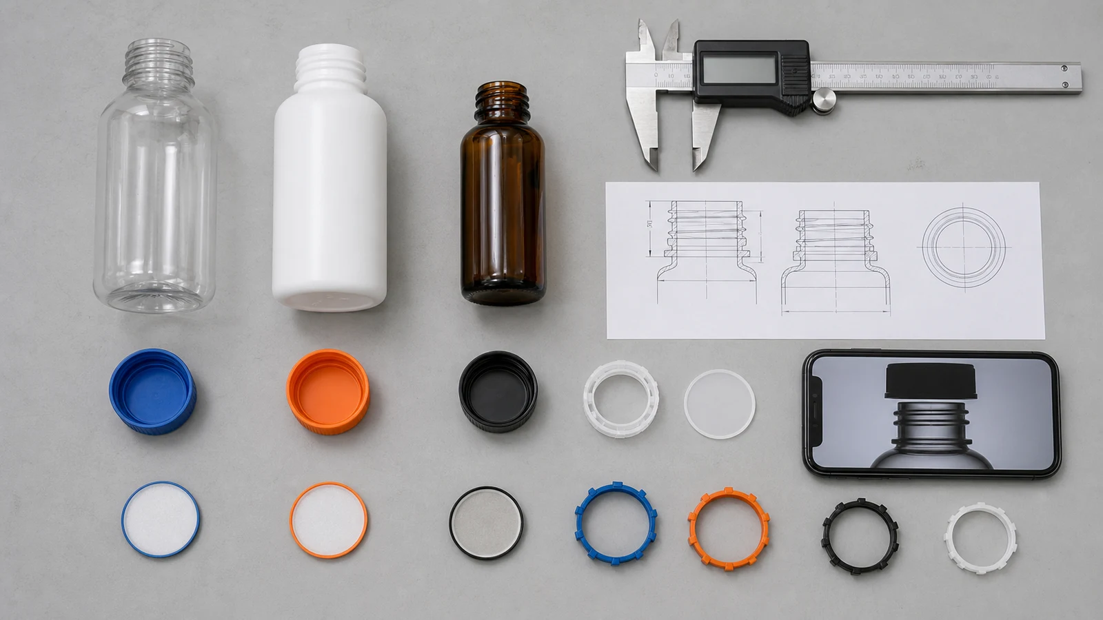 Bottle, cap, liner, drawing, caliper and video samples prepared for capping review