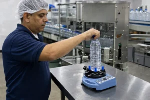 Illustrative production quality control scene of a technician measuring bottle cap torque with a manual torque tester