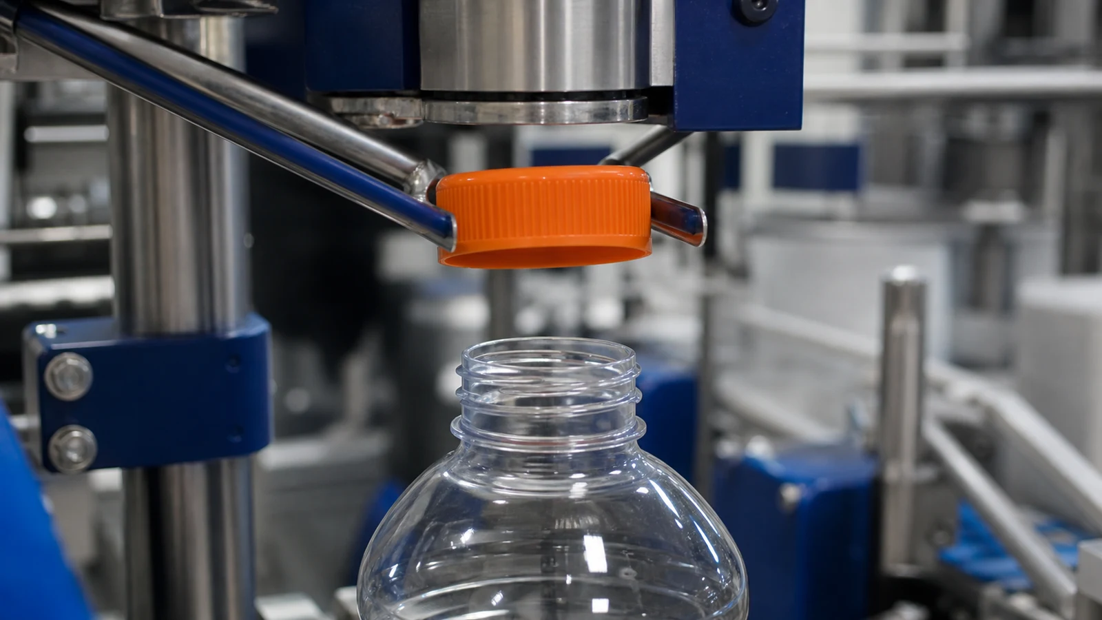 Threaded cap held level in a chute above a centered PET bottle neck