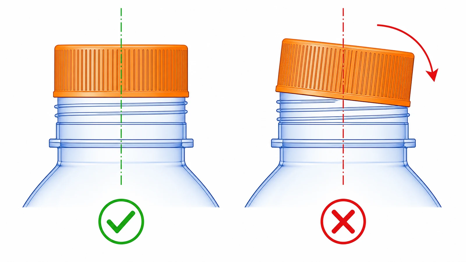 Correct cap-to-neck alignment compared with a tilted cap at first thread engagement