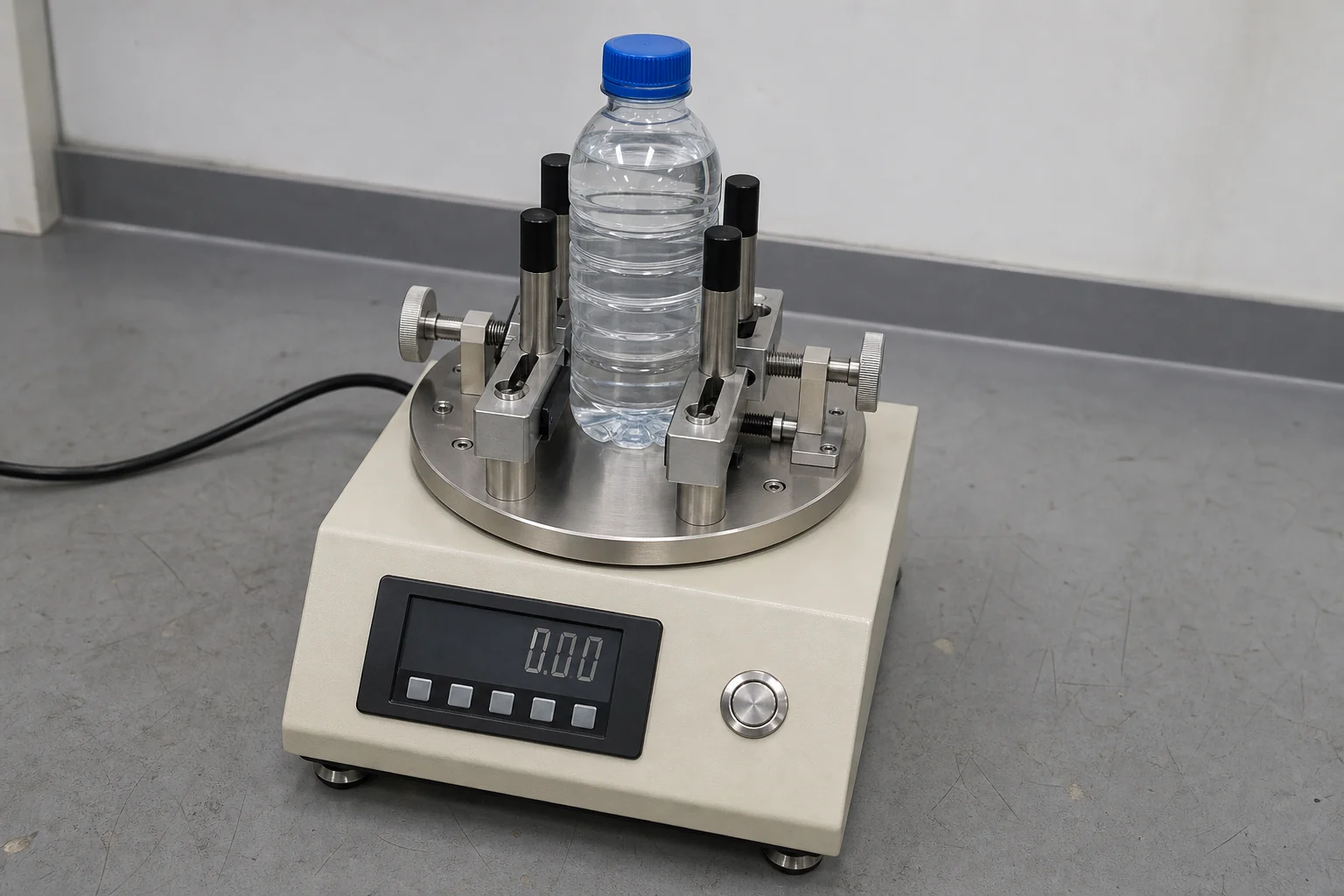 Illustrative unbranded digital bottle cap torque tester holding a capped PET bottle in an adjustable fixture
