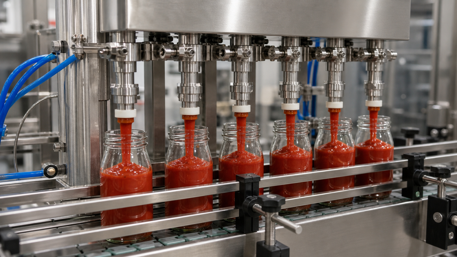 Six-head automatic sauce filling machine filling glass bottles with tomato sauce
