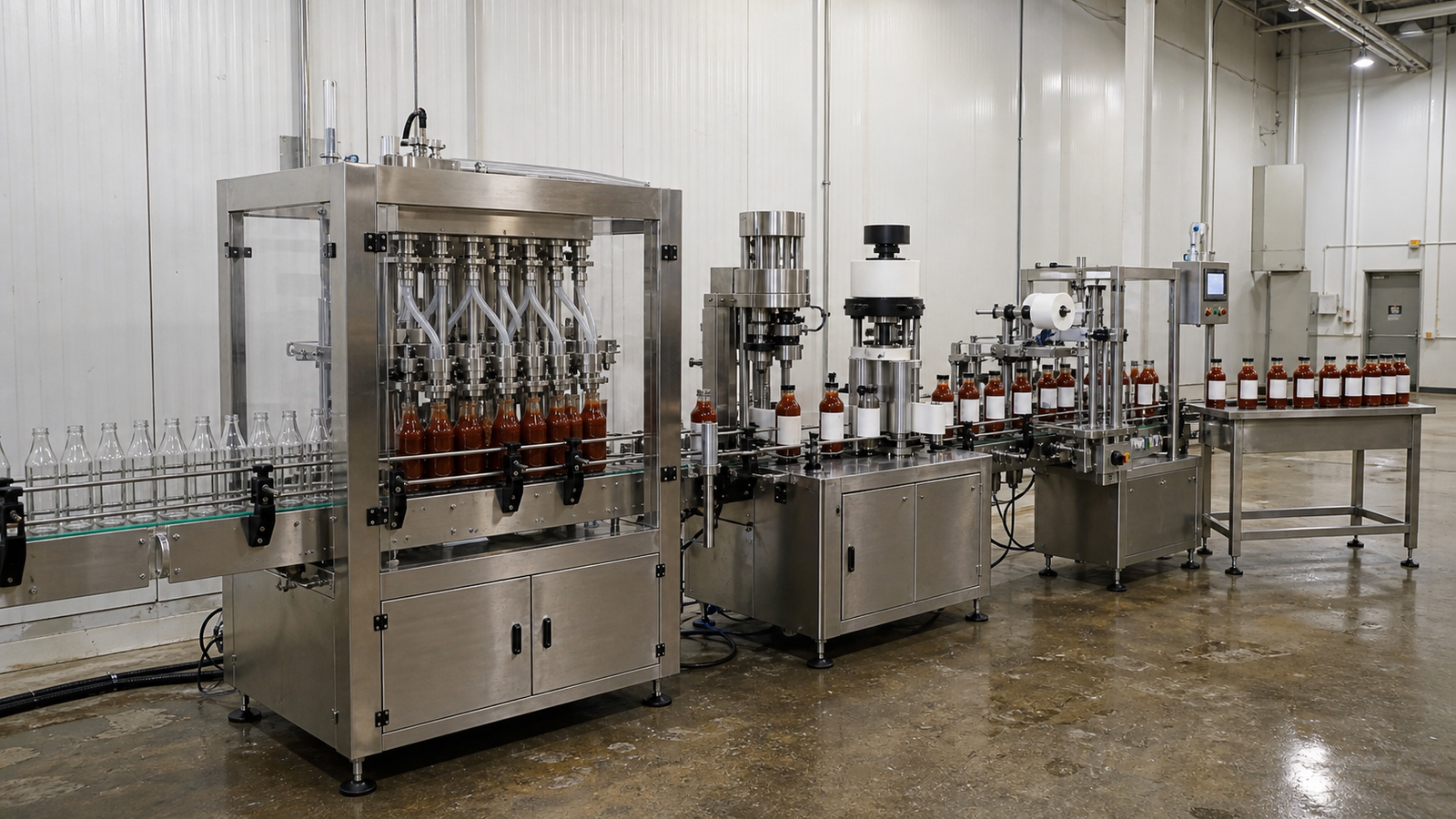 Complete sauce bottling line with filling, capping, labeling and discharge modules