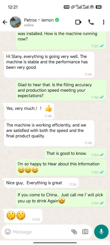 WhatsApp customer feedback about filling accuracy and product quality