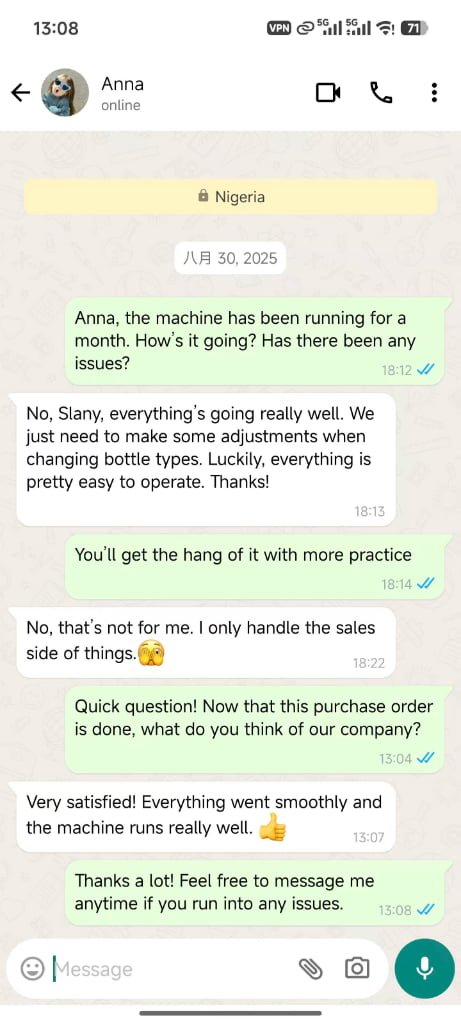 WhatsApp customer feedback about easy machine operation and reliable performance