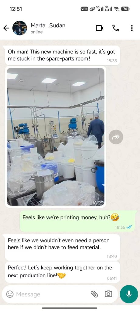 WhatsApp customer feedback about production speed and automation
