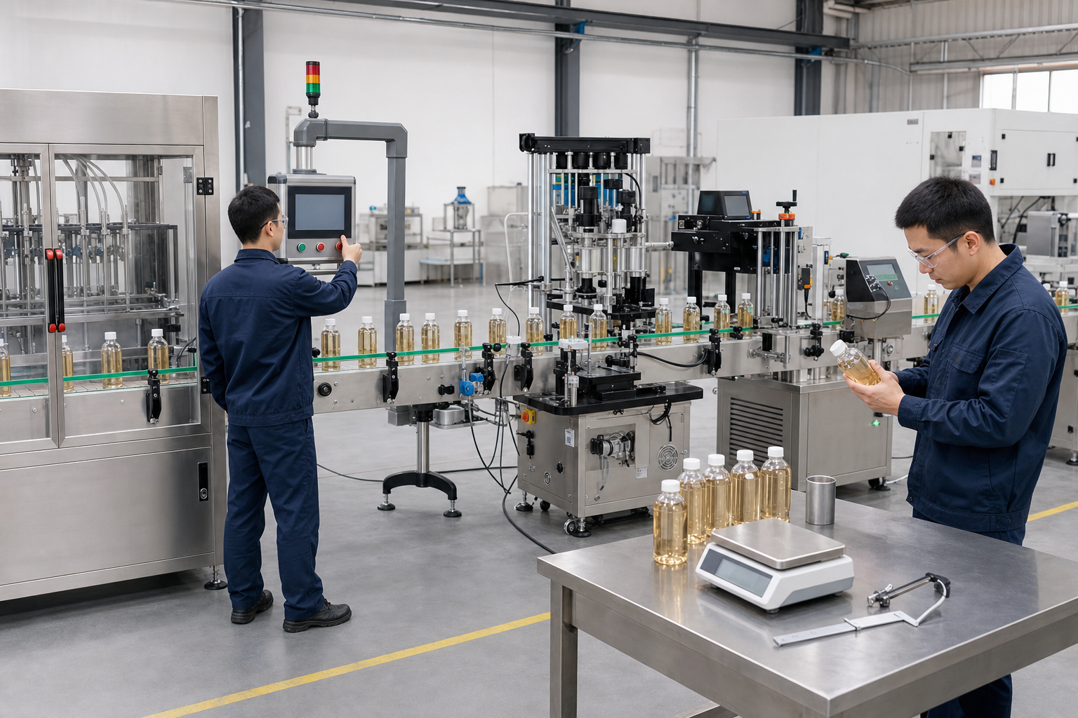 Technicians checking a bottle filling line during factory acceptance testing