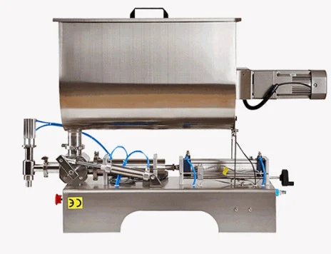 Semi-automatic chunky sauce piston filler with mixing hopper
