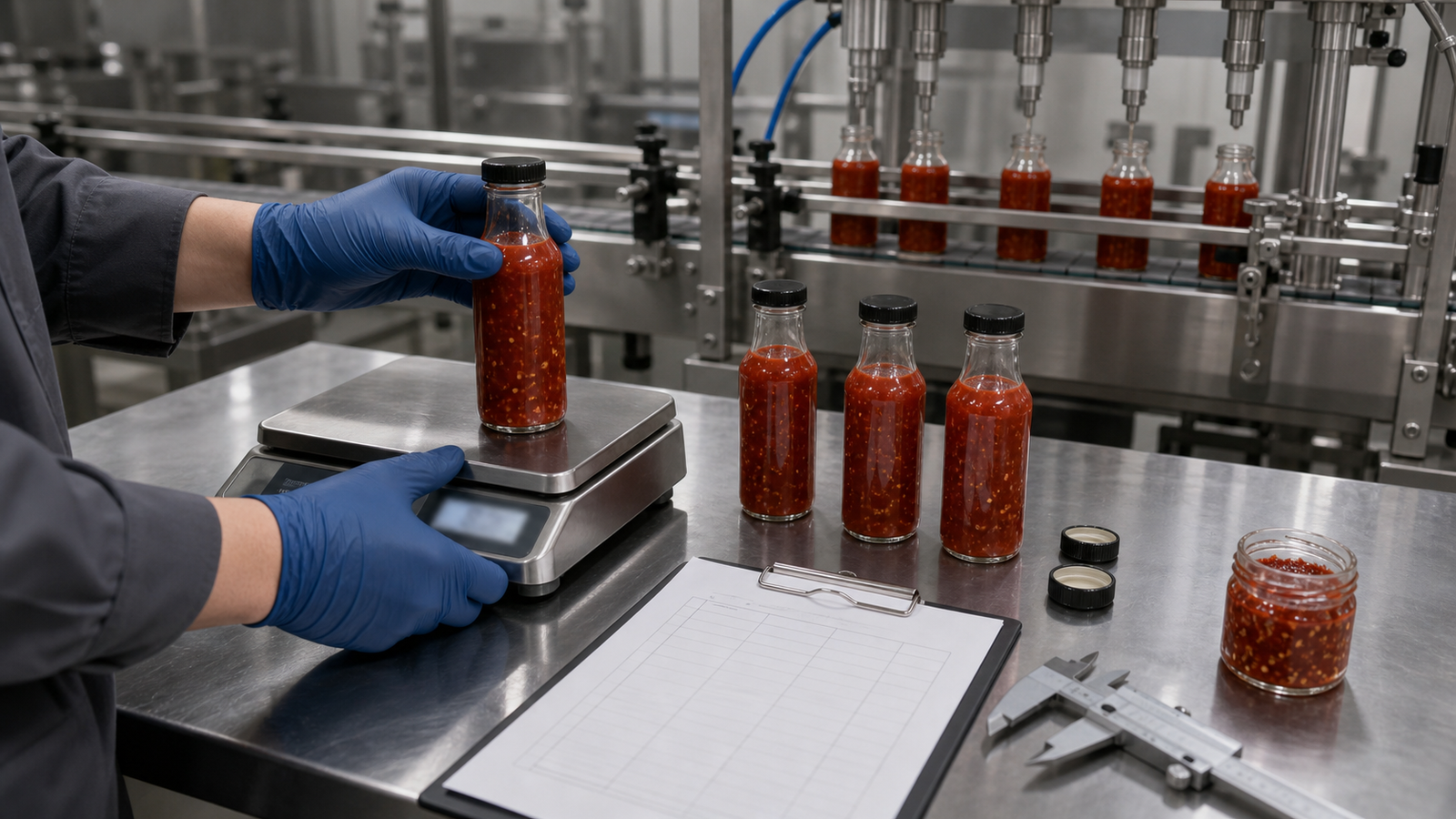 Technician checking chunky sauce bottle fill weight during a filling machine acceptance test