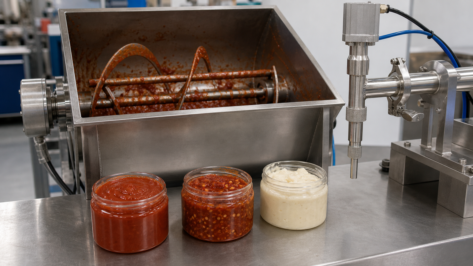 Sauce samples, mixing hopper and anti-drip nozzle for viscosity and particle testing