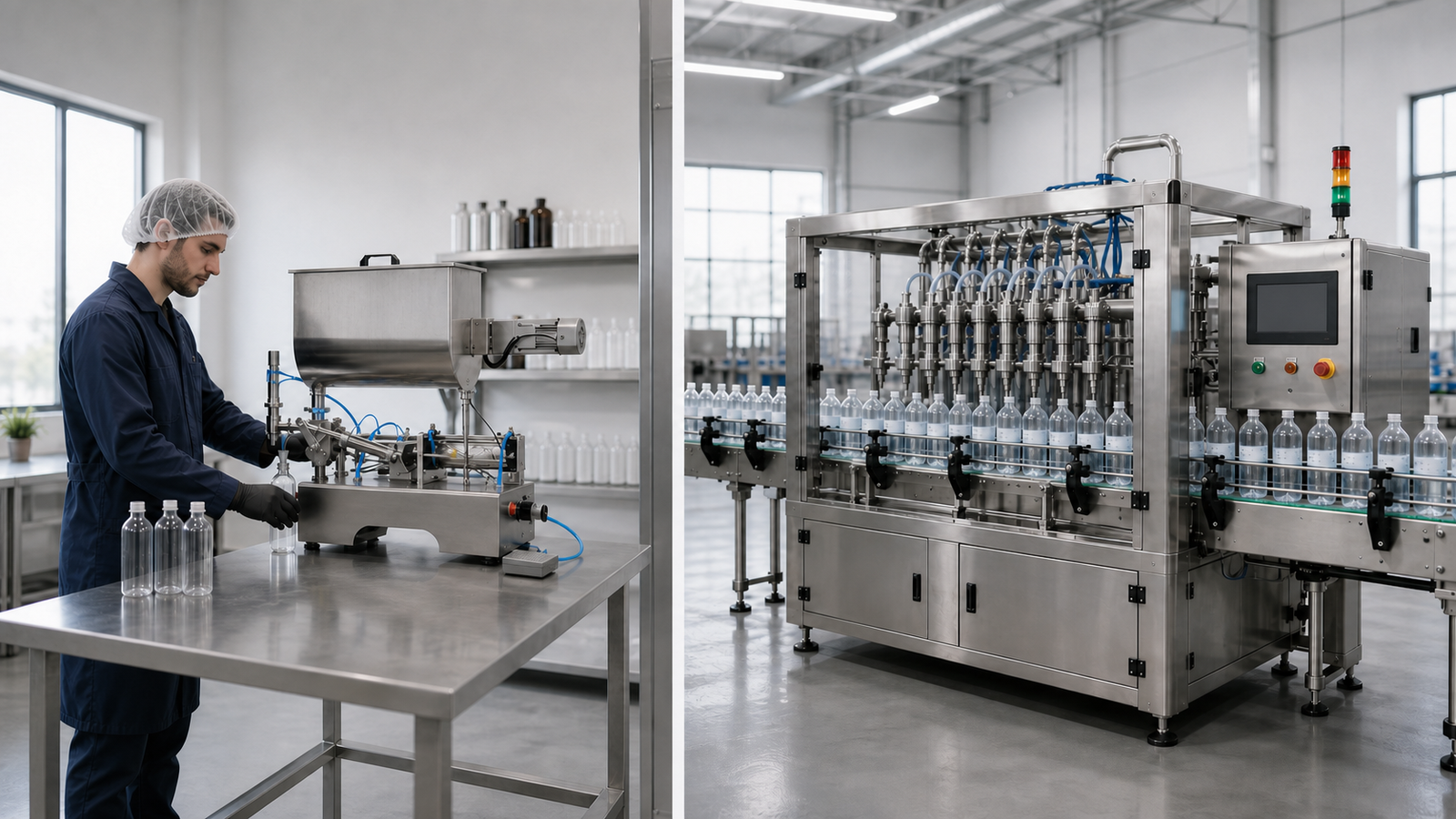 Semi-automatic bottle filler compared with a complete automatic filling line