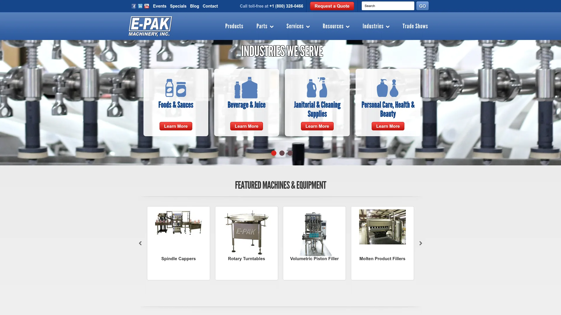 E-PAK Machinery inline liquid packaging line homepage screenshot