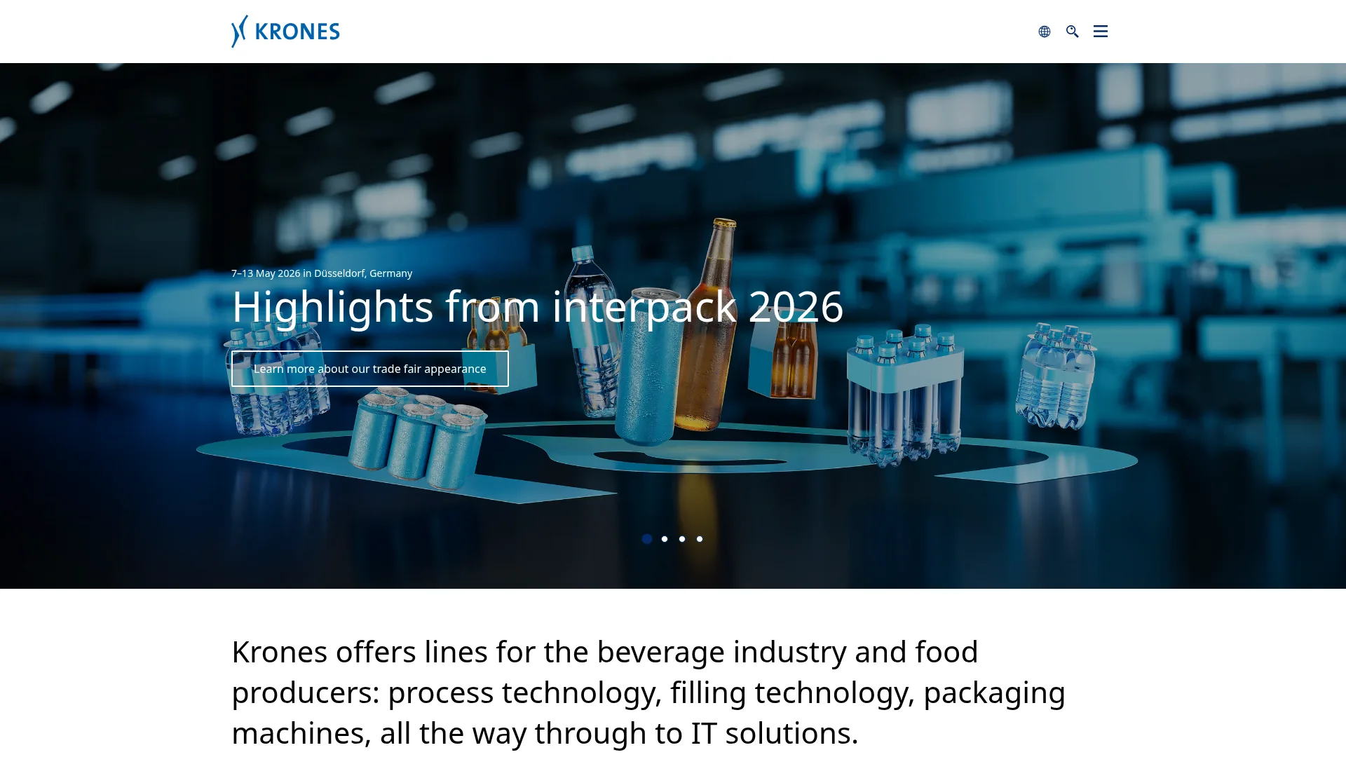 Krones liquid bottling line homepage screenshot