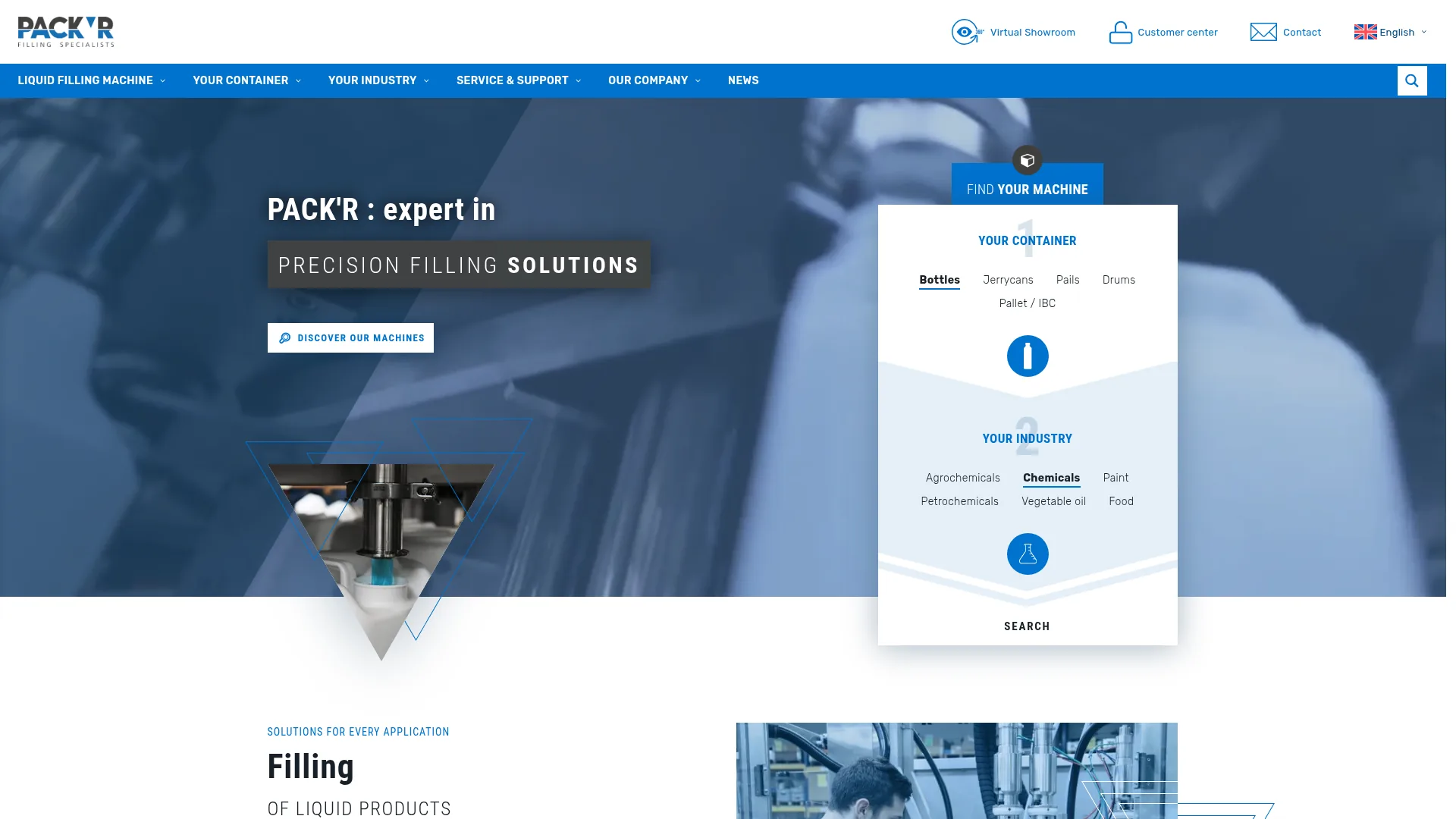 PACK'R large container liquid filling machine homepage screenshot
