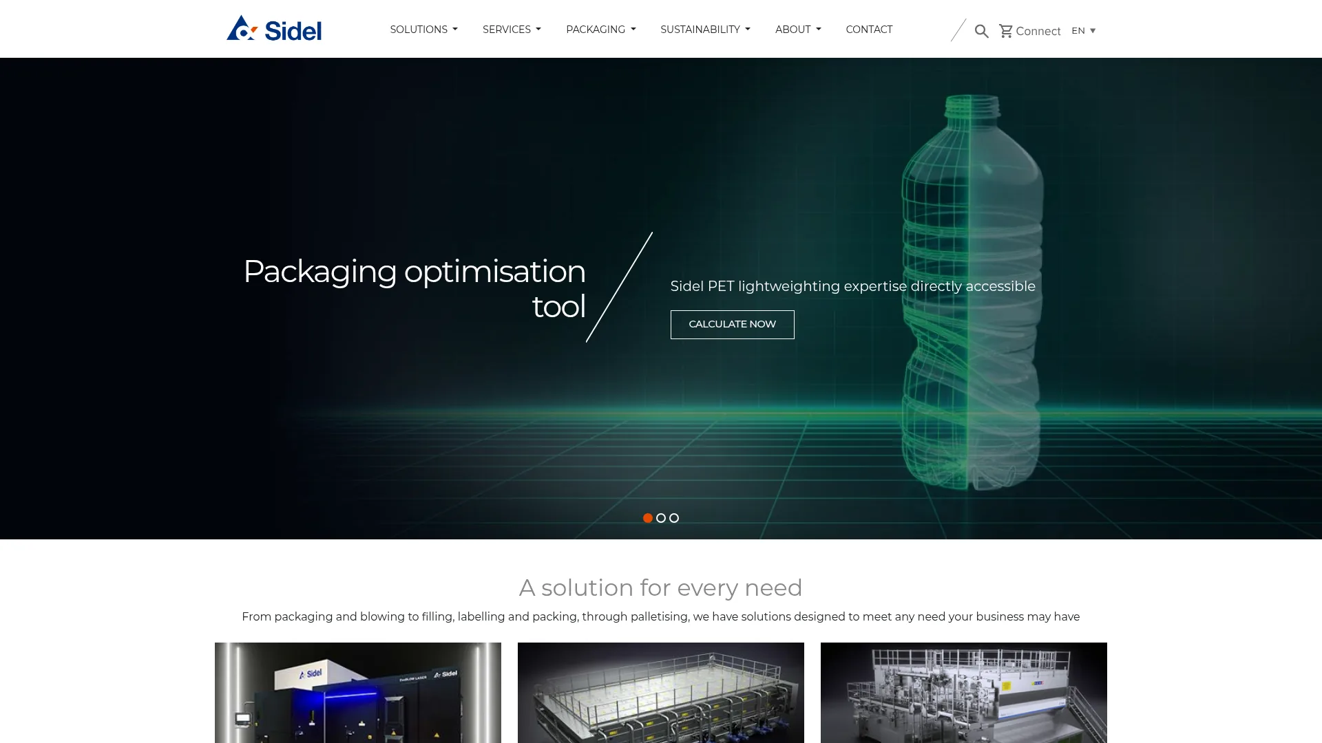 Sidel liquid bottling system homepage screenshot