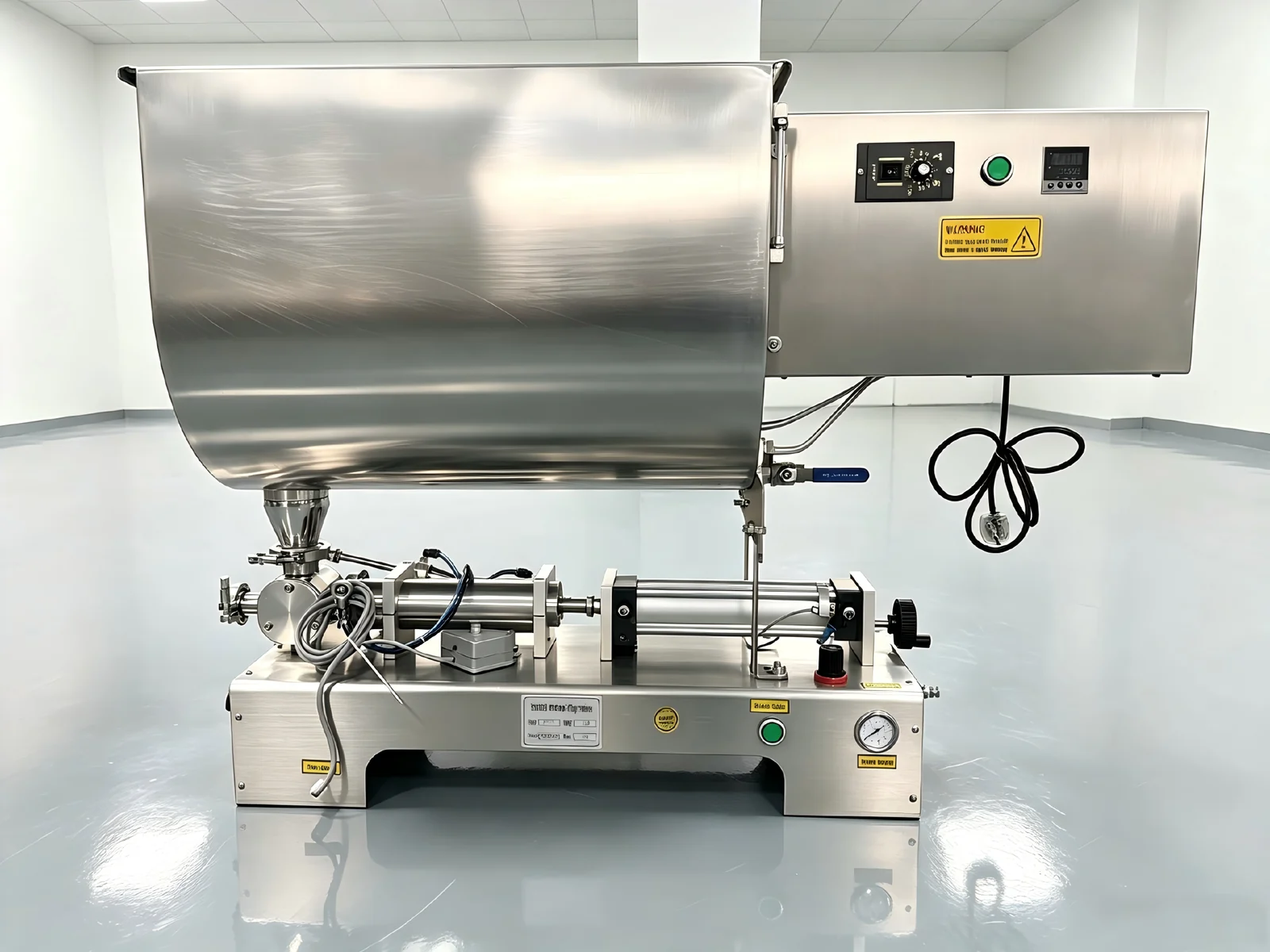 Semi-automatic sauce filler with mixing and heated hopper