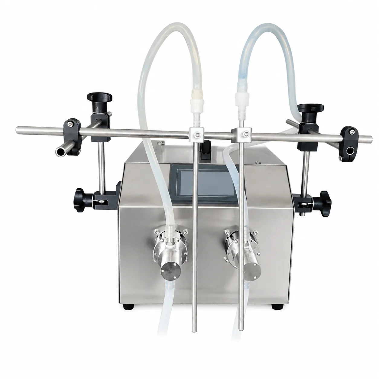 Compact dual-head liquid filling machine for small-batch detergent production