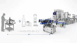 Factory upgrade path from operator-loaded labeling to an automatic conveyor-fed labeling machine
