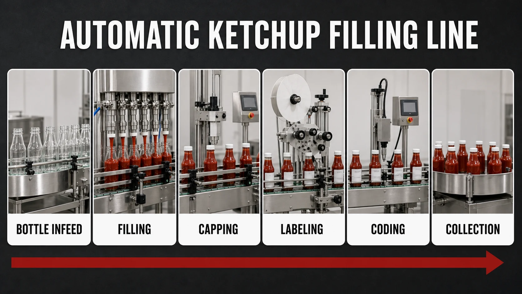 Automatic ketchup filling line workflow from bottle infeed through filling, capping, labeling, coding and collection