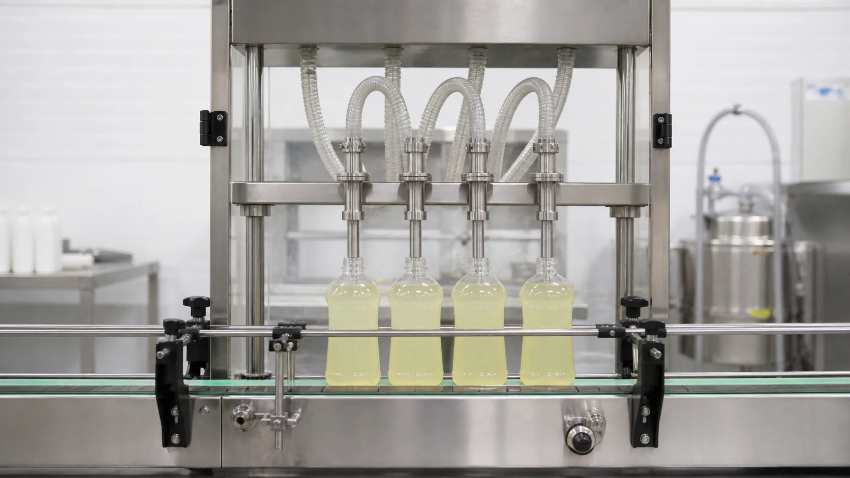 Editorial visualization of a four-head dishwashing liquid filling machine