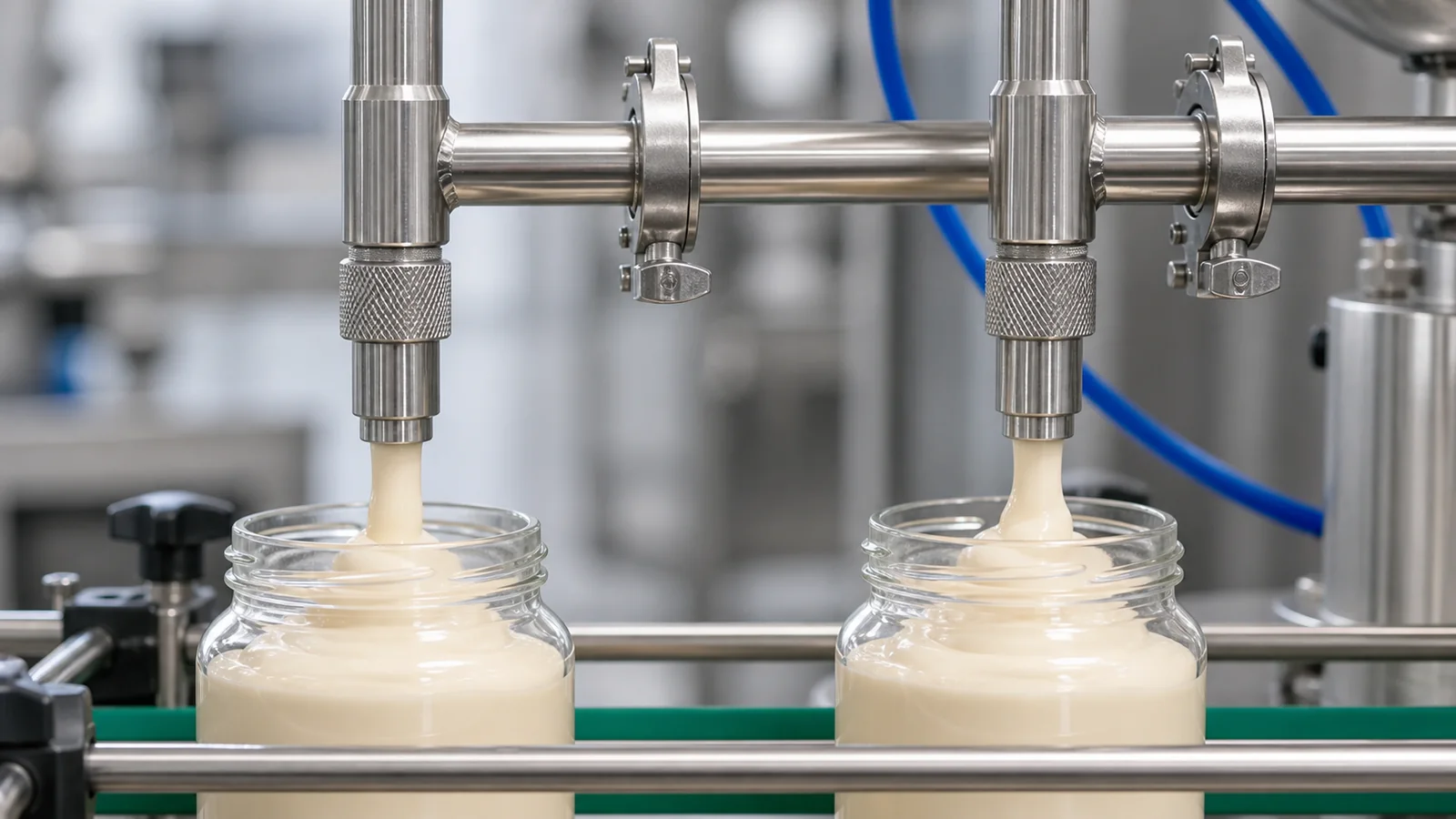 Stainless filling nozzles depositing mayonnaise into wide-mouth glass jars