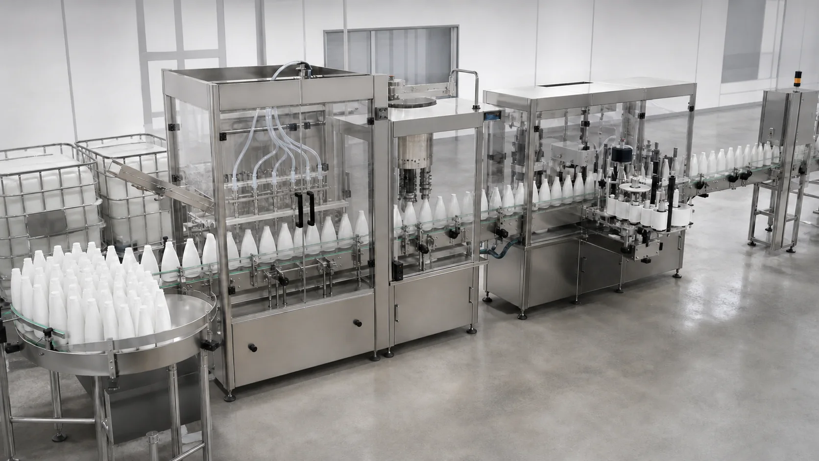 Editorial visualization of a complete dishwashing liquid packaging line