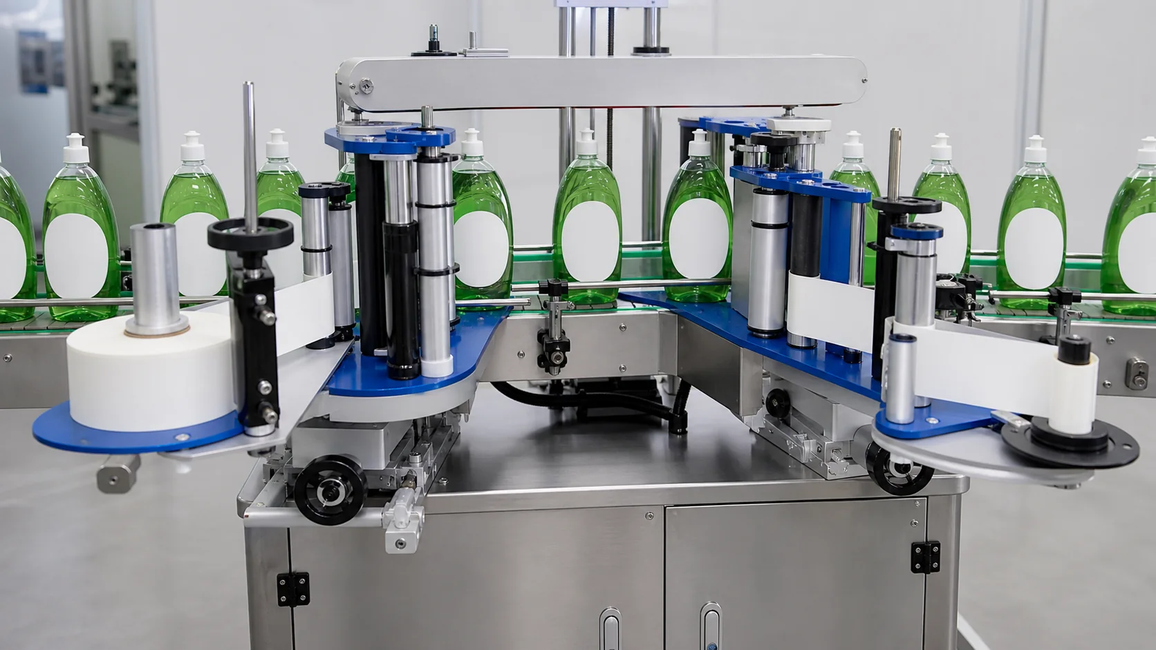 Editorial visualization of double-side labeling for dishwashing liquid bottles