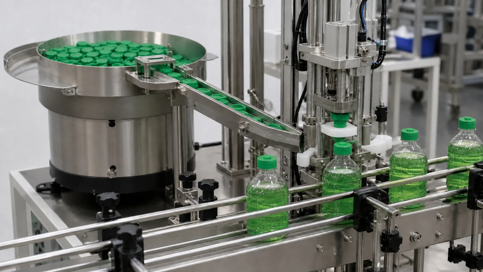 Editorial visualization of automatic cap feeding and capping for dishwashing liquid bottles