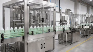 Editorial visualization of a dishwashing liquid filling, capping, and labeling line