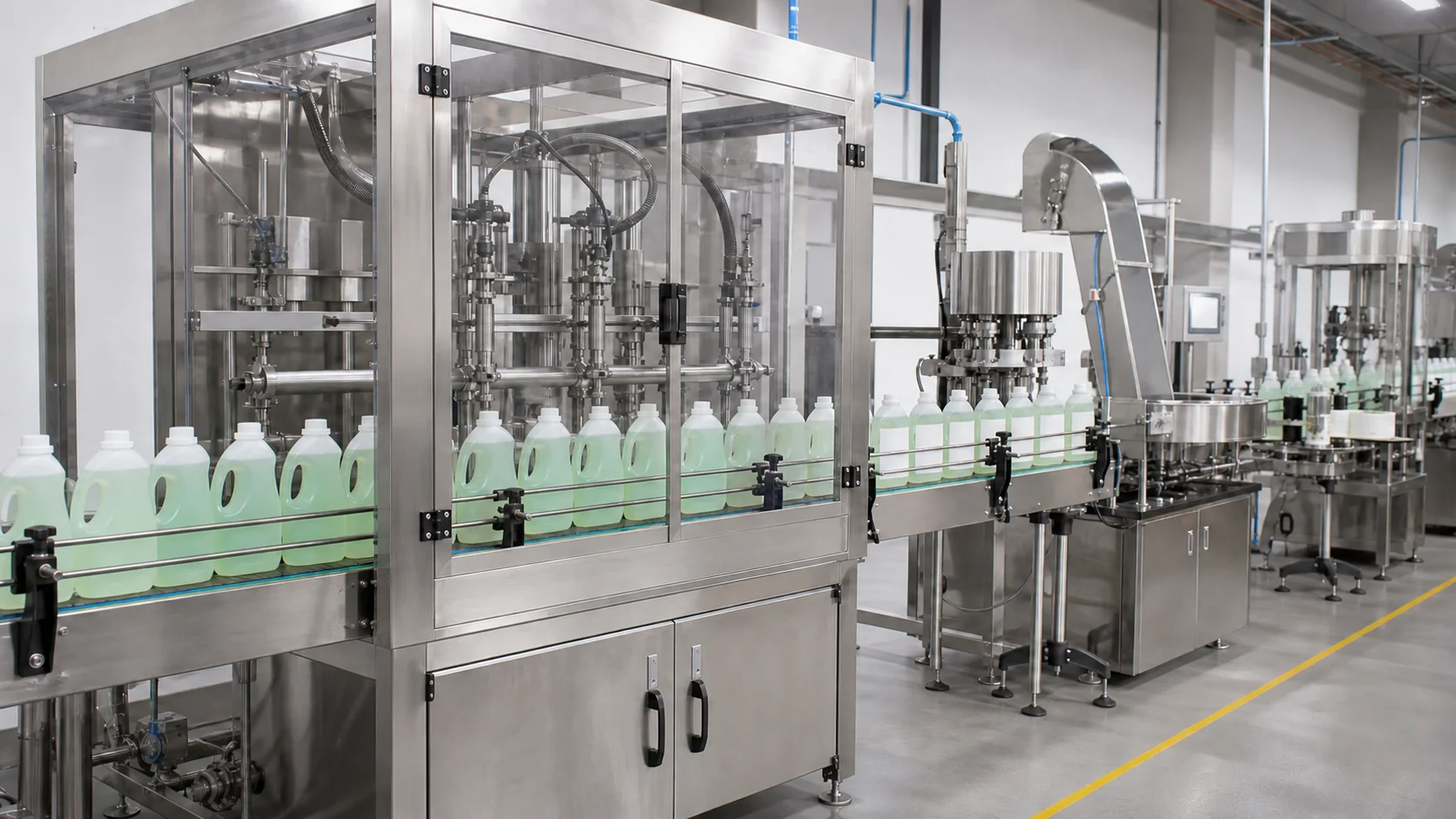 Editorial visualization of a dishwashing liquid filling, capping, and labeling line