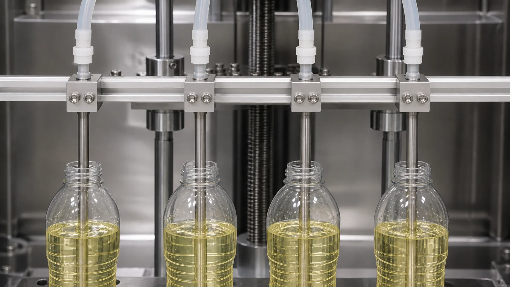 Editorial visualization of four nozzles filling dishwashing liquid with low foam