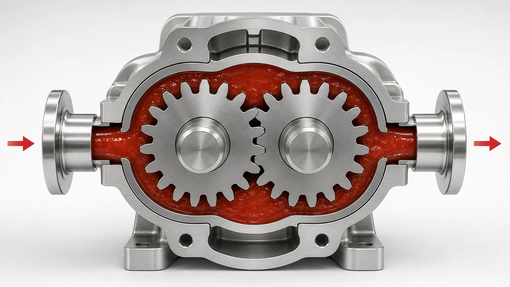 External gear pump cutaway showing sauce flow around two meshing gears
