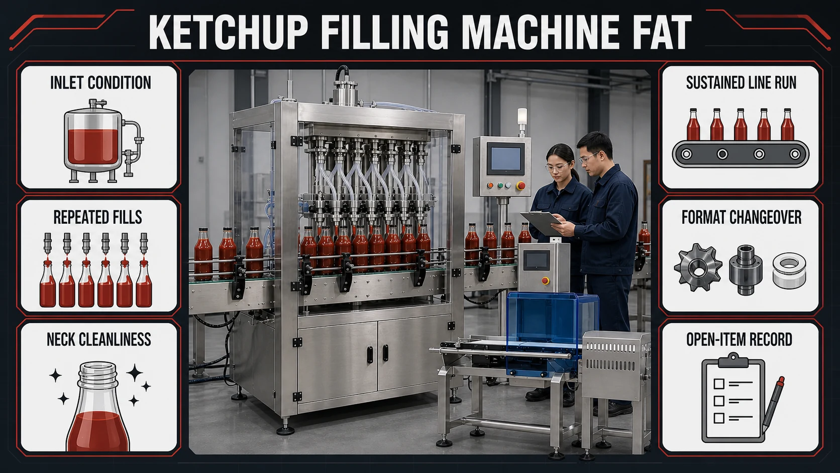 Ketchup filling machine FAT checkpoints for inlet condition, repeated fills, neck cleanliness, line run and changeover