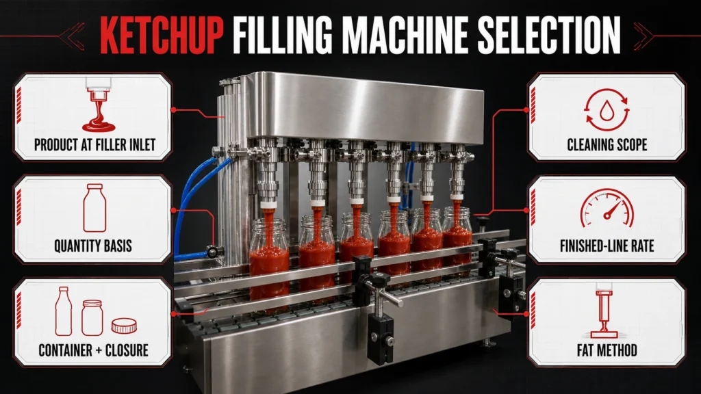 Ketchup filling machine selection framework showing product inlet, quantity, package, cleaning, line rate and FAT inputs