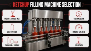 Ketchup filling machine selection framework showing product inlet, quantity, package, cleaning, line rate and FAT inputs