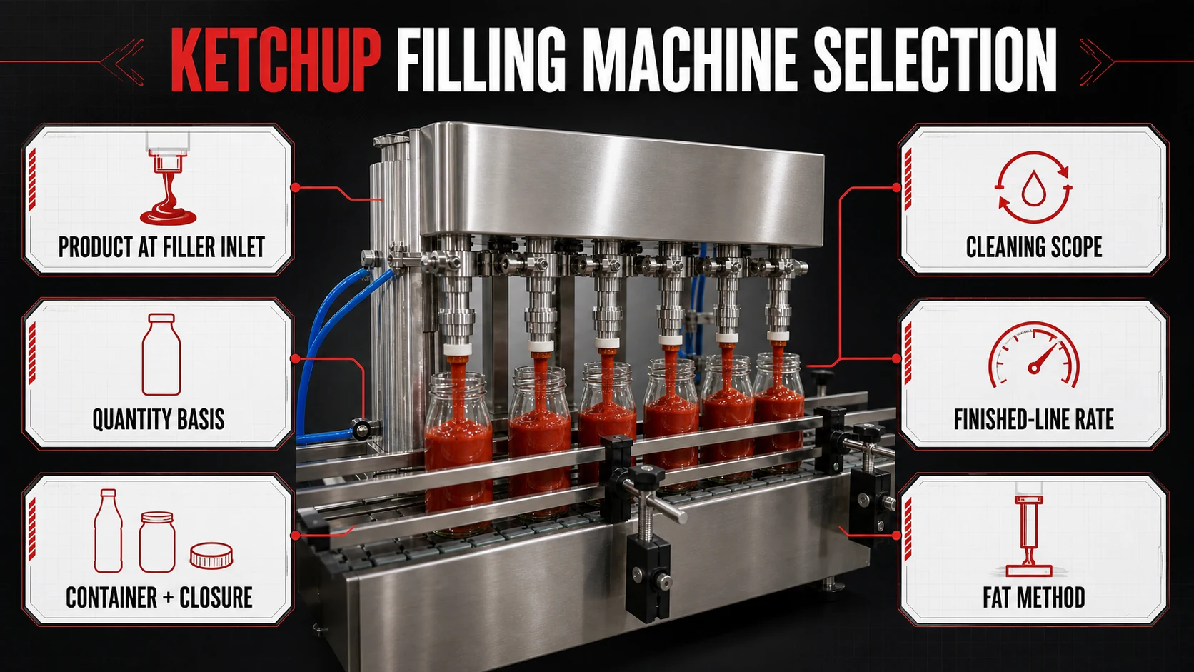 Ketchup filling machine selection framework showing product inlet, quantity, package, cleaning, line rate and FAT inputs