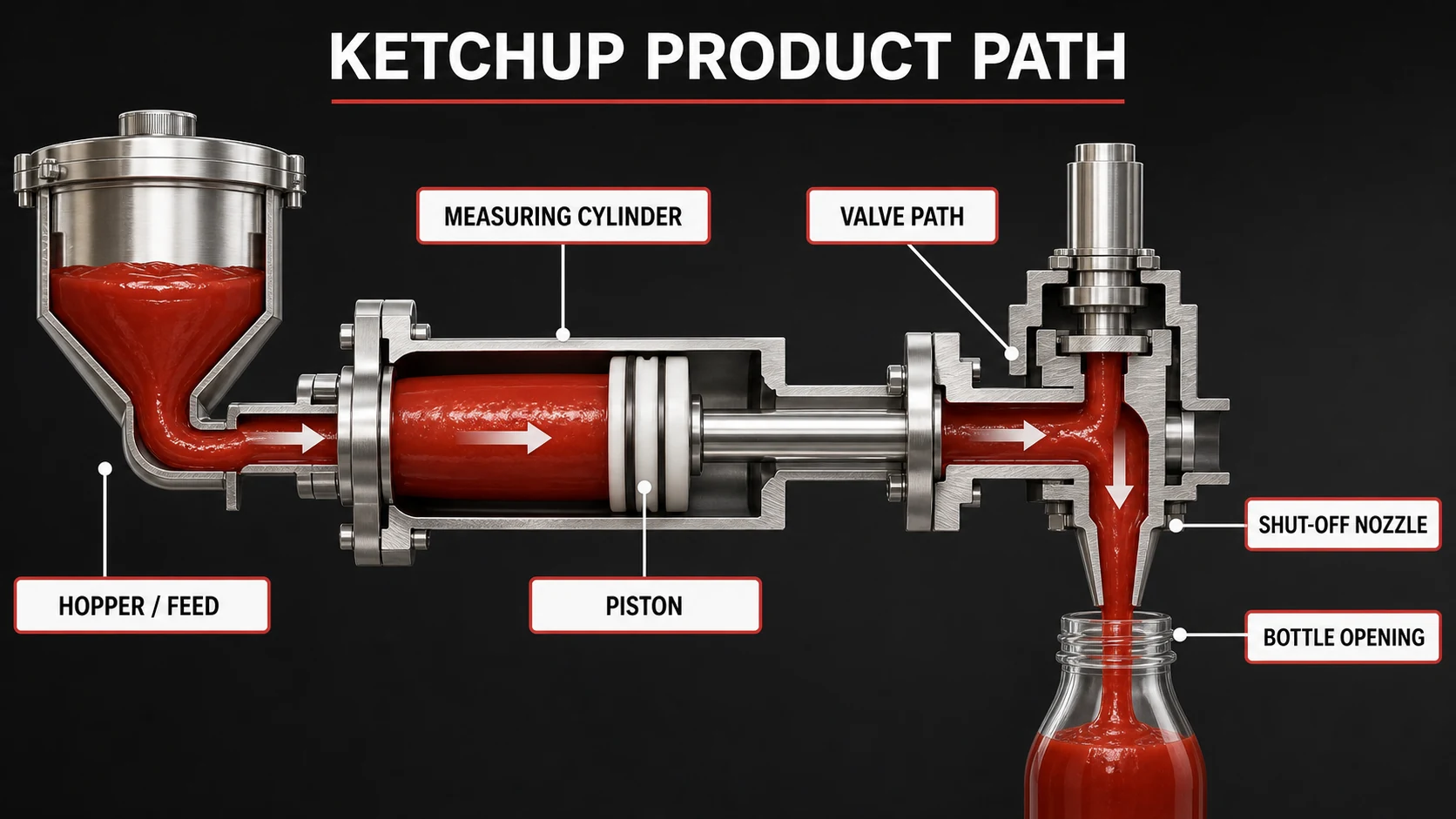 Ketchup piston filling product path from hopper and measuring cylinder through valve and shut-off nozzle