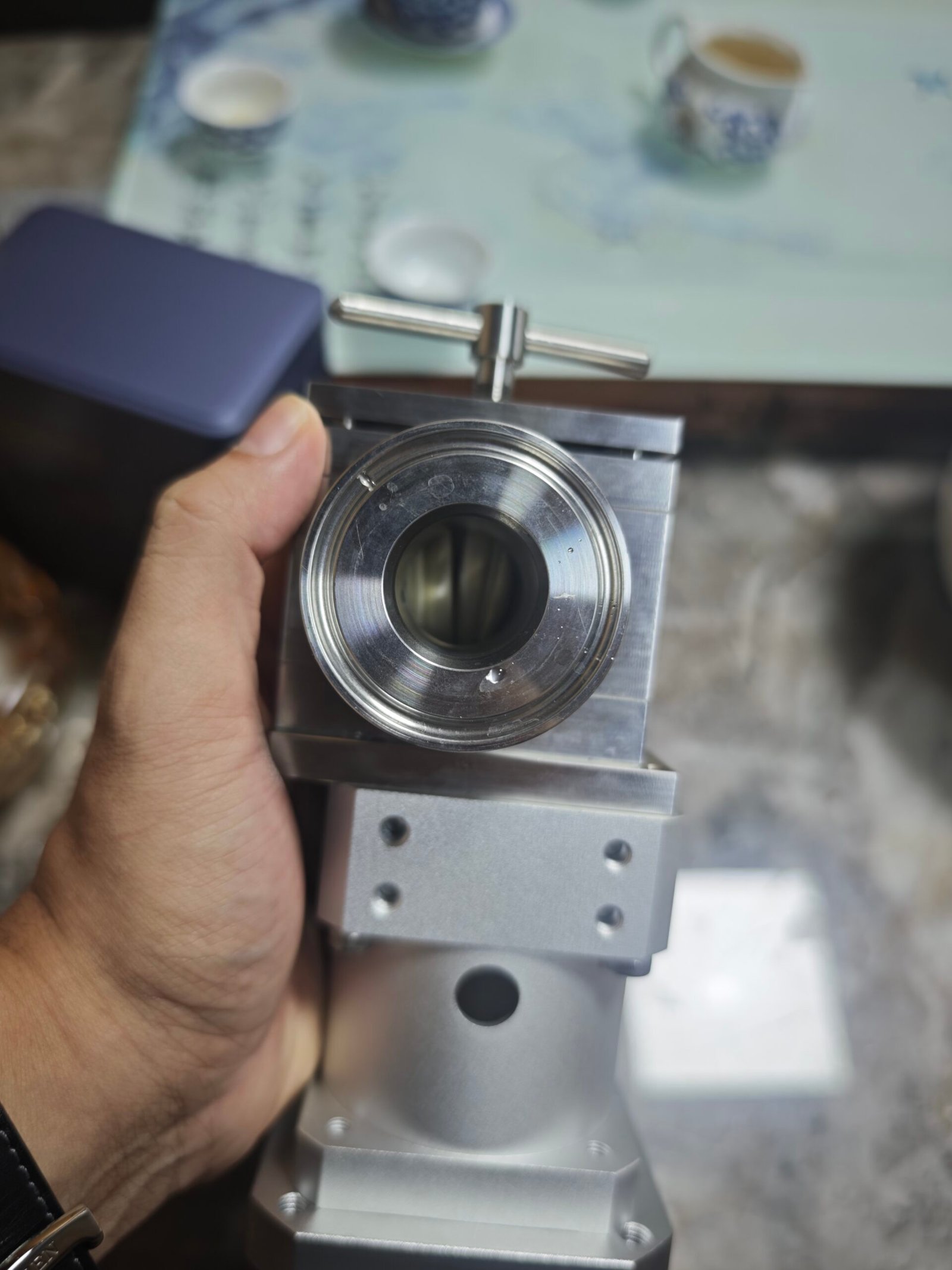 Close-up of the GP-075S1 front sanitary port and internal passage