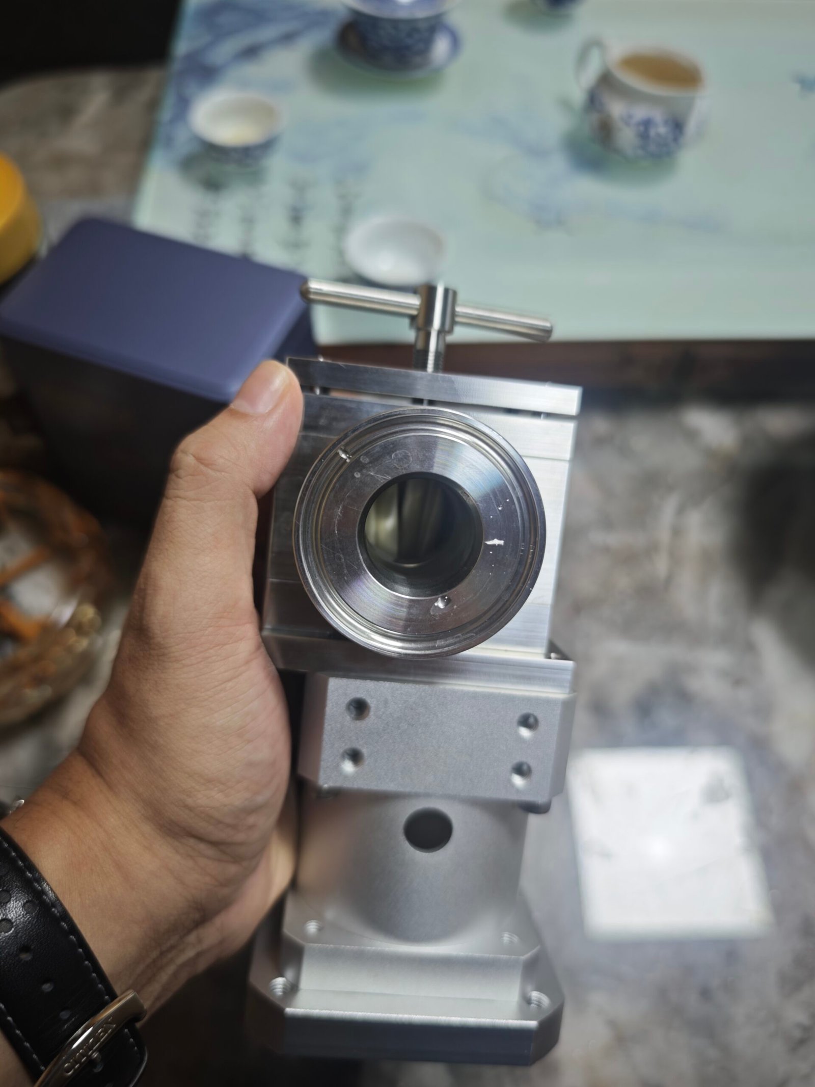 GP-075S1 gear pump held in hand with its sanitary front port visible