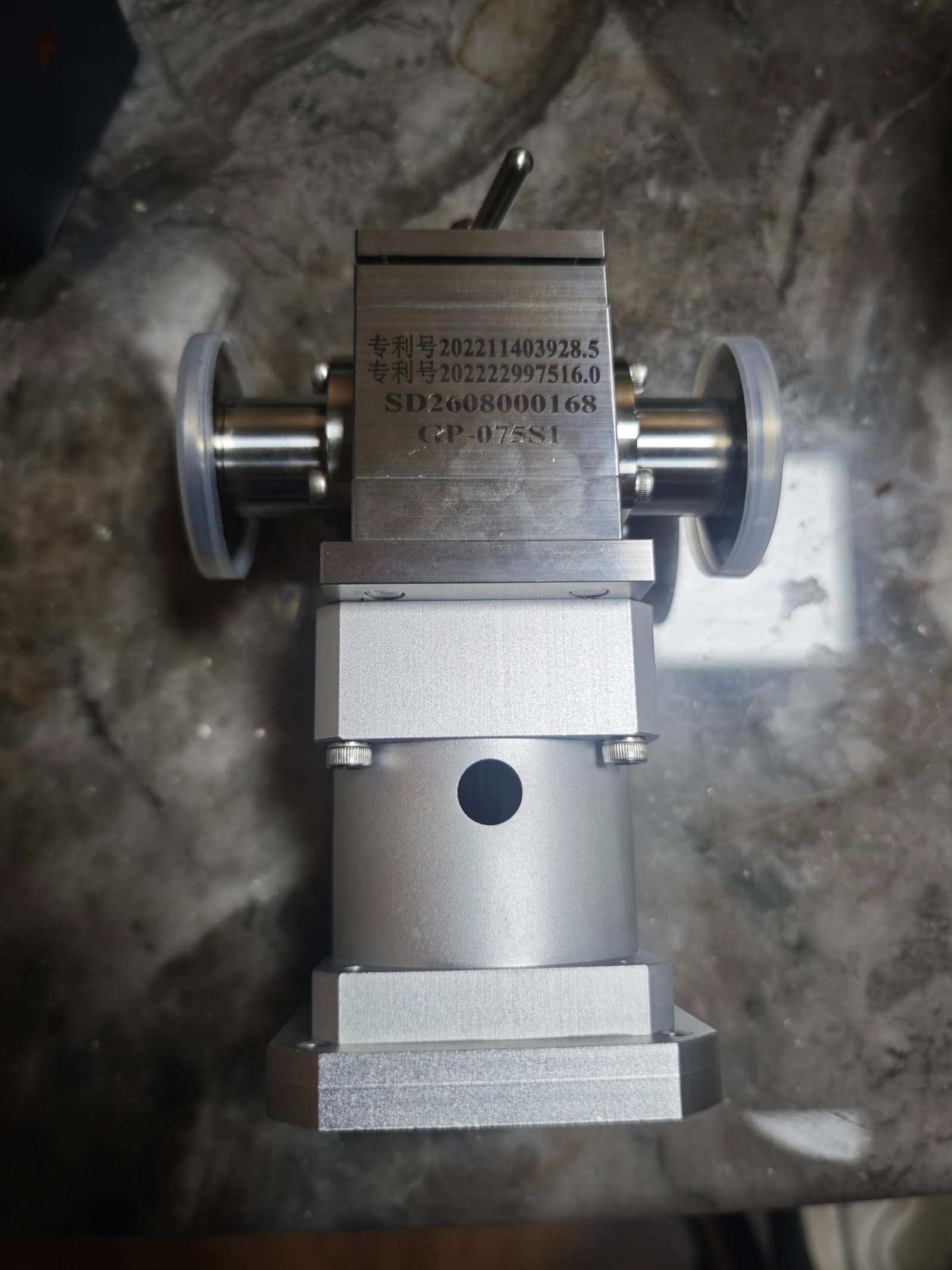 GP-075S1 gear pump body with engraved model and patent markings