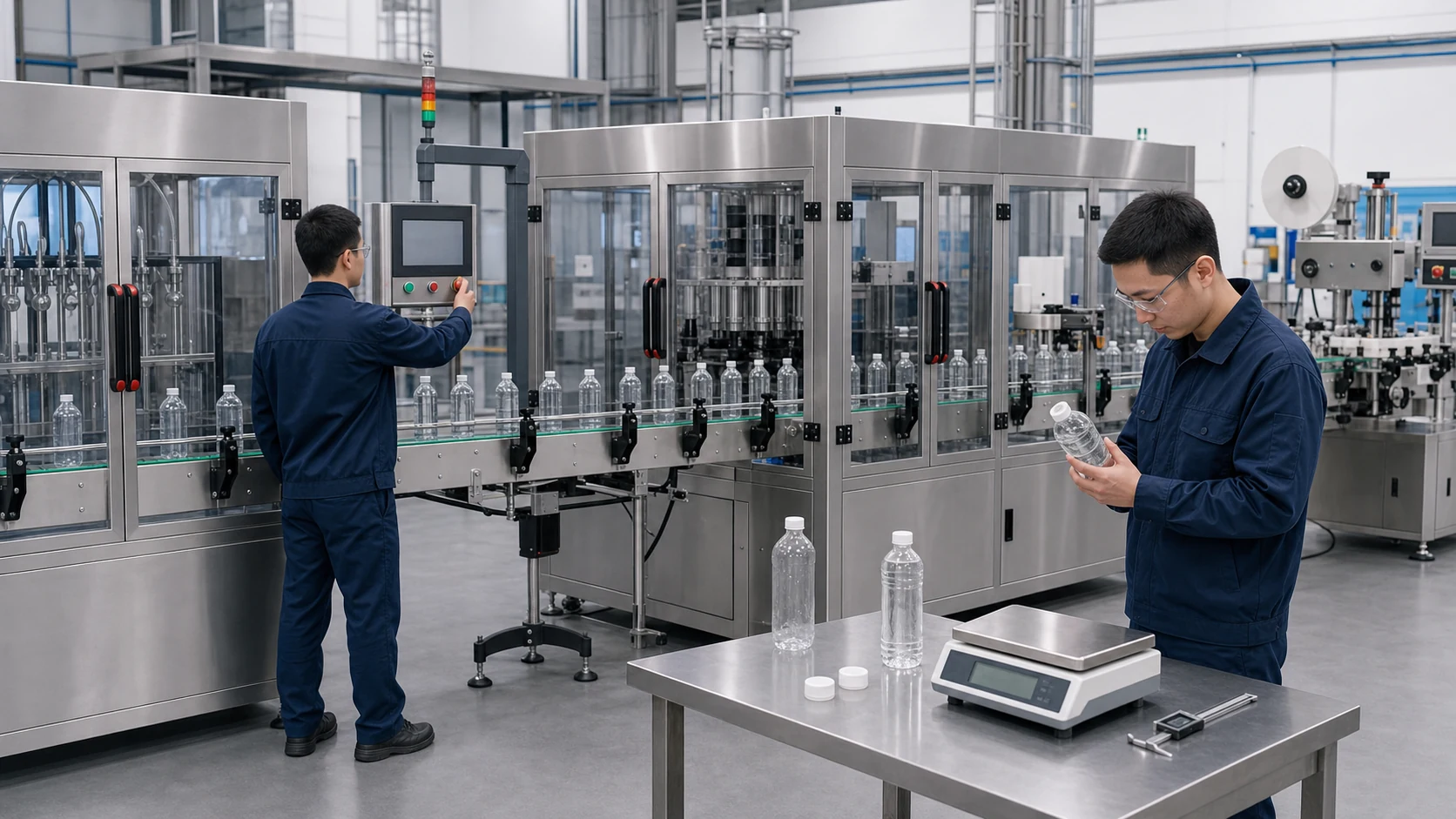 Technicians testing representative bottle and closure samples during a packaging line FAT