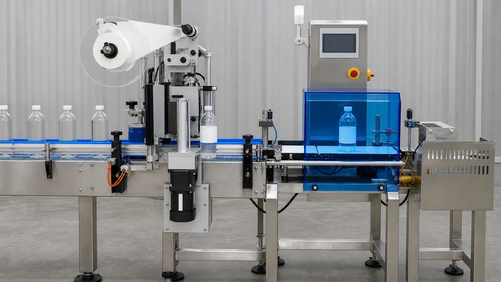 Bottle passing a labeler and downstream checkweigher during compatibility testing